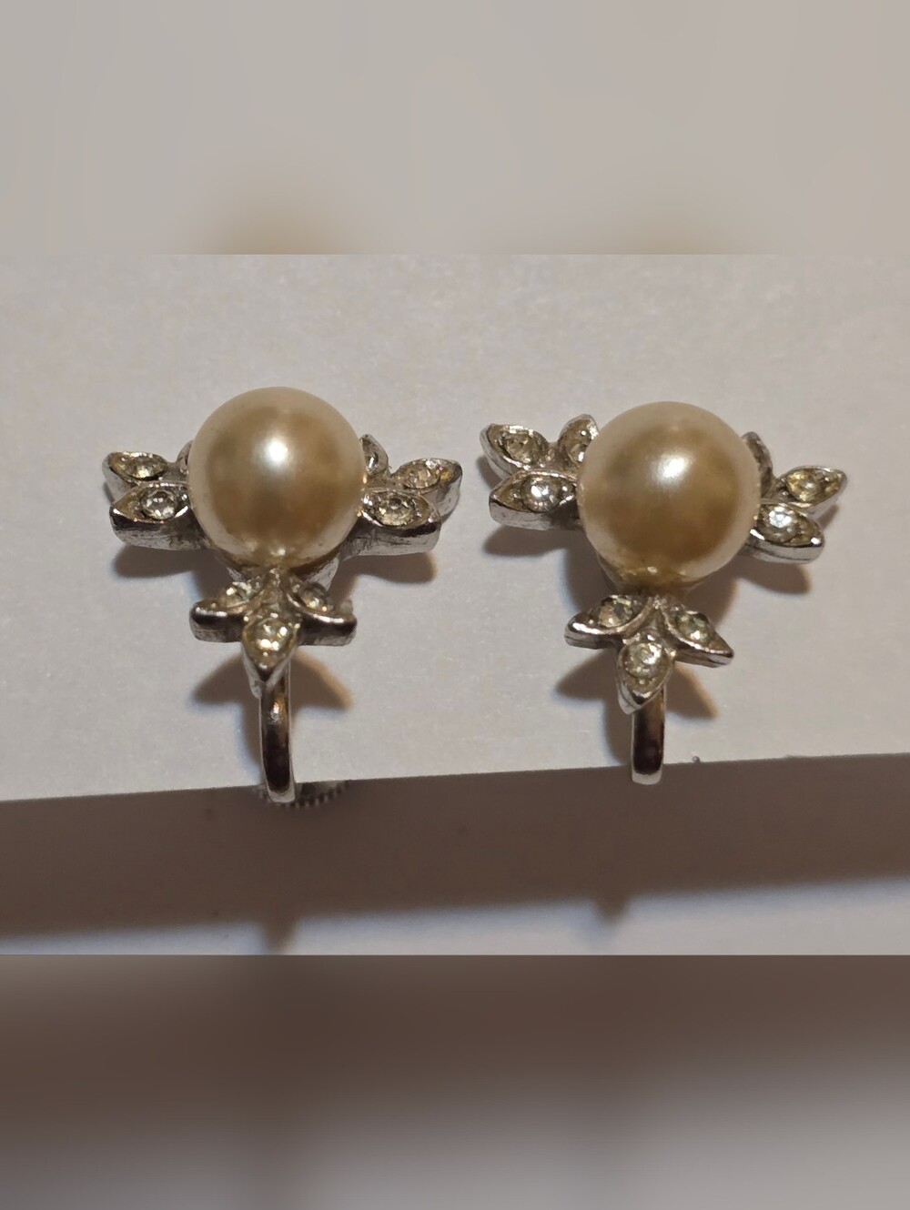 Delicate Faux Pearl Diamond Formal Wedding Earrings Vintage Preowned Screw Clip - Picture 3 of 5